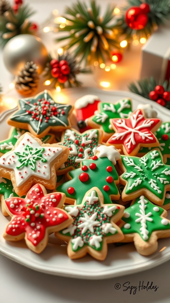 A plate of decorated Christmas sugar cookies in festive shapes, surrounded by holiday decorations.
